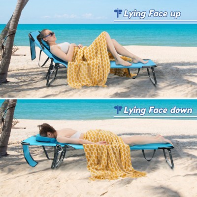Navy Adjustable Metal Frame Beach Chaise Lounge Chairs with Face Hole Pillows