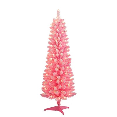 4.5ft Puleo Pre-lit Pink Flocked Slim Artificial Christmas Tree Clear 