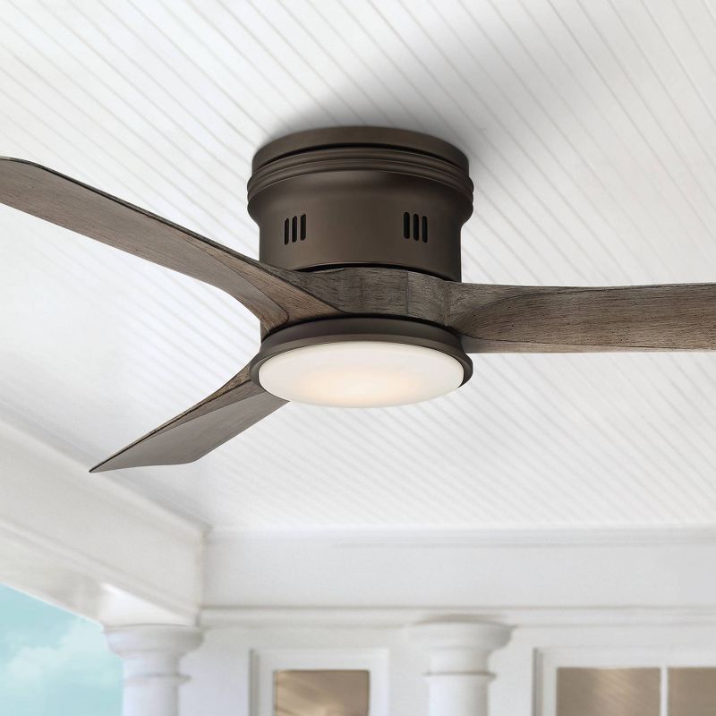 54" Casa Vieja Modern Hugger Low Profile Indoor Outdoor Ceiling Fan with Light LED Remote Bronze Wood Opal Glass Damp Rated Patio, 2 of 9
