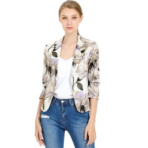 INSPIRE CHIC Women's Open Front Office Long Sleeve Lightweight Printed Floral Crop Suit Blazer - 1 of 4
