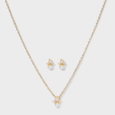 14K Gold Dipped Pearl Cluster Pendant Necklace and Stud Earring Set 2pc - Gold