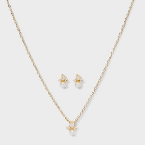 14K Gold Dipped Pearl Cluster Pendant Necklace and Stud Earring Set 2pc - Gold - 1 of 4