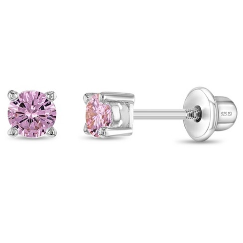 Baby Girls' Pink 4 Prong CZ Solitaire Screw Back 14K Gold Earrings - 3mm - in Season Jewelry