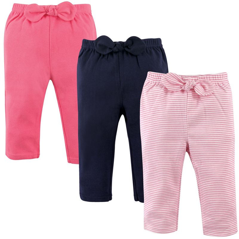 Hudson Baby Infant and Toddler Girl Cotton Pants 3pk, Light Pink Stripes, 1 of 3