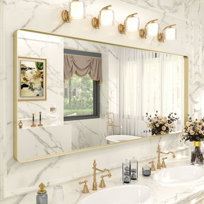 Apmir 72 in. W x 32 in. H Rectangular Aluminum Alloy Framed and Tempered Glass Wall Mirror in Brushed Gold