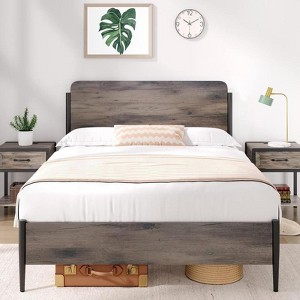 Queen Size Full Size Bed Frame with Wooden Headboard, Safe Rounded Corners, Strong Metal Slats Support, Noise-Free, No Box Spring Needed - 1 of 4