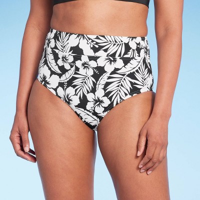 Lands' End Women's Upf 50 Full Coverage Tummy Control Floral Print High  Waist Bikini Bottom - Black/white S : Target