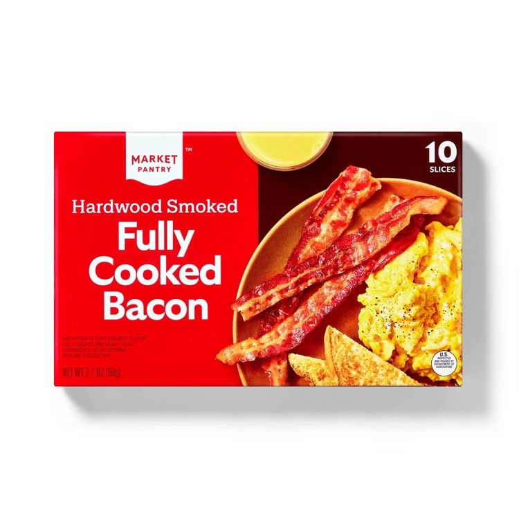 Red packaging of Market Pantry Hardwood Smoked Fully Cooked Bacon with an image of bacon, scrambled eggs, and toast on a plate, labeled with "10 slices" and "NET WT 2.1 OZ (59g)."