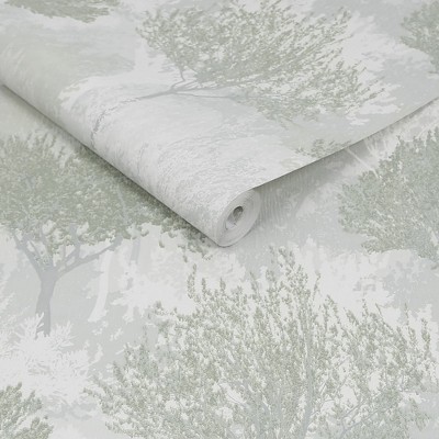 Sage and White Birch Tree Forest Wallpaper