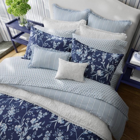 Laura Ashley Madelynn 7-Piece Blue Floral Cotton King Comforter