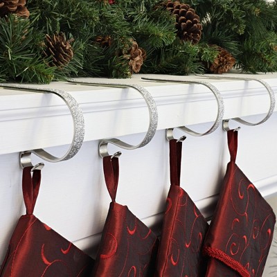Silver Glitter Adjustable Mantle Clip Stocking Holders, Set of 4