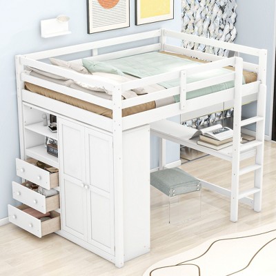 NicBex Full Size Loft Bed with Desk & Built-in Wardrobe,Spacious Wooden Storage Loft Bed with Shelves & Drawers,Loft Bed for Kids,Teen,Adults