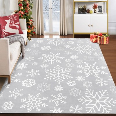 Modern Snowflake Washable Rug Non Slip Low Pile Rug Christmas Decorations Floor Cover Foldable Indoor Carpet for Living Room Bedroom Dining Room