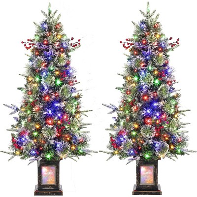 Christmas Trees Artificial Pre-Lit with Red Berries, Snow Flocked Tips, Deer lightbox Box,Includes Pot Base,Easy Installation Festive Table Decor