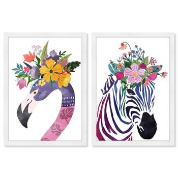 (Set of 2) 15" x 21" Floral Zebra and Flamingo Framed Wall Art Prints Purple - Wynwood Studio