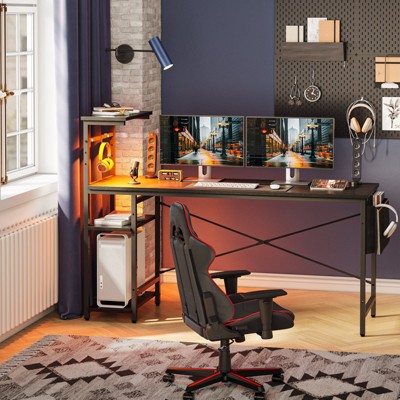Bestier Reversible 63 inch Gaming Desk, LED Computer Desk with  Storage Bag & 4 Tier Shelves, Black