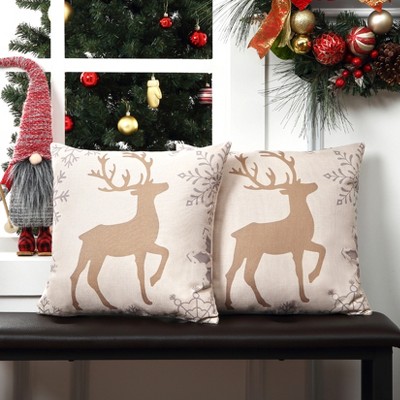 Christmas Pillow Covers 18x18 Set of 2 Snowflake Gold Elk Deer Winter Decorative Square Throw Pillows, Farmhouse Outdoor Cushion Cases for Sofa Couch