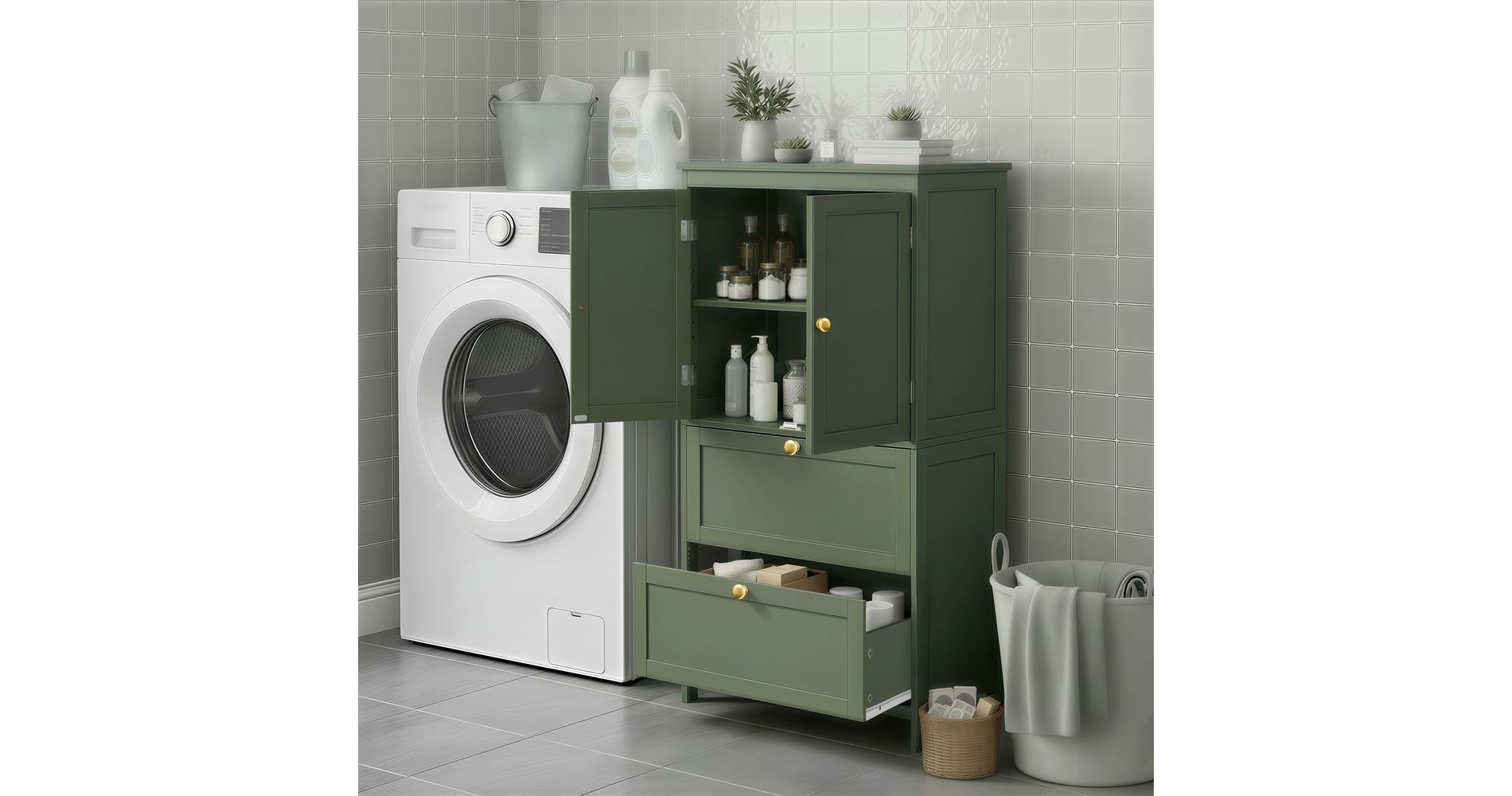 LEDREM Bathroom Floor Storage Cabinet, Freestanding Bathroom Storage Unit with 2 Drawers and Doors, Adjustable Shelf, Green