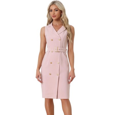 Allegra K Women's Sleeveless V Neck Notched Lapel Double Breasted Belted Work Office Dress