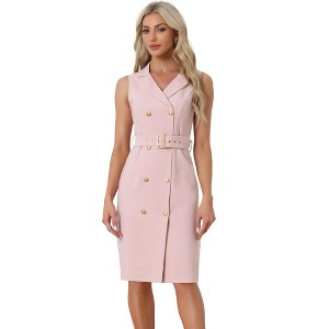 Allegra K Women's Sleeveless V Neck Notched Lapel Double Breasted Belted Work Office Dress - 1 of 4