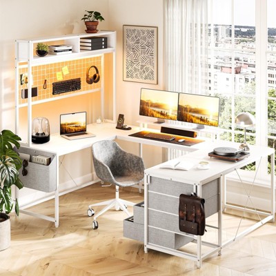 Jojoka 78.7"Reversible U Shaped Gaming Desk w/ Storage Shelves & Monitor Stand,Gaming Table w/ 4 Drawers & Led Lights & Power Outlet for Home Office
