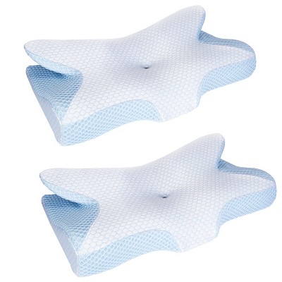 NewHome"2Pcs Memory Foam Neck Support Pillow for Pain Relief, Ergonomic Contour for All Sleep Positions"Blue&White