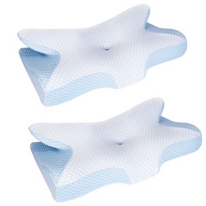NewHome"2Pcs Memory Foam Neck Support Pillow for Pain Relief, Ergonomic Contour for All Sleep Positions"Blue&White - 1 of 4