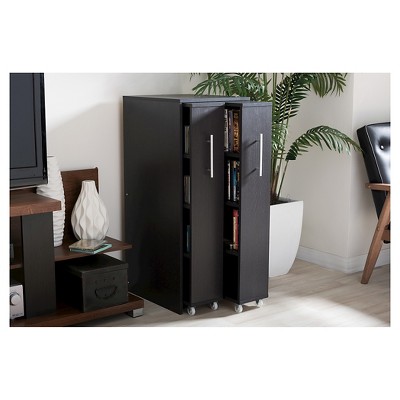 Dark Brown Wood Bookcase with Pull-Out Doors and Shelves