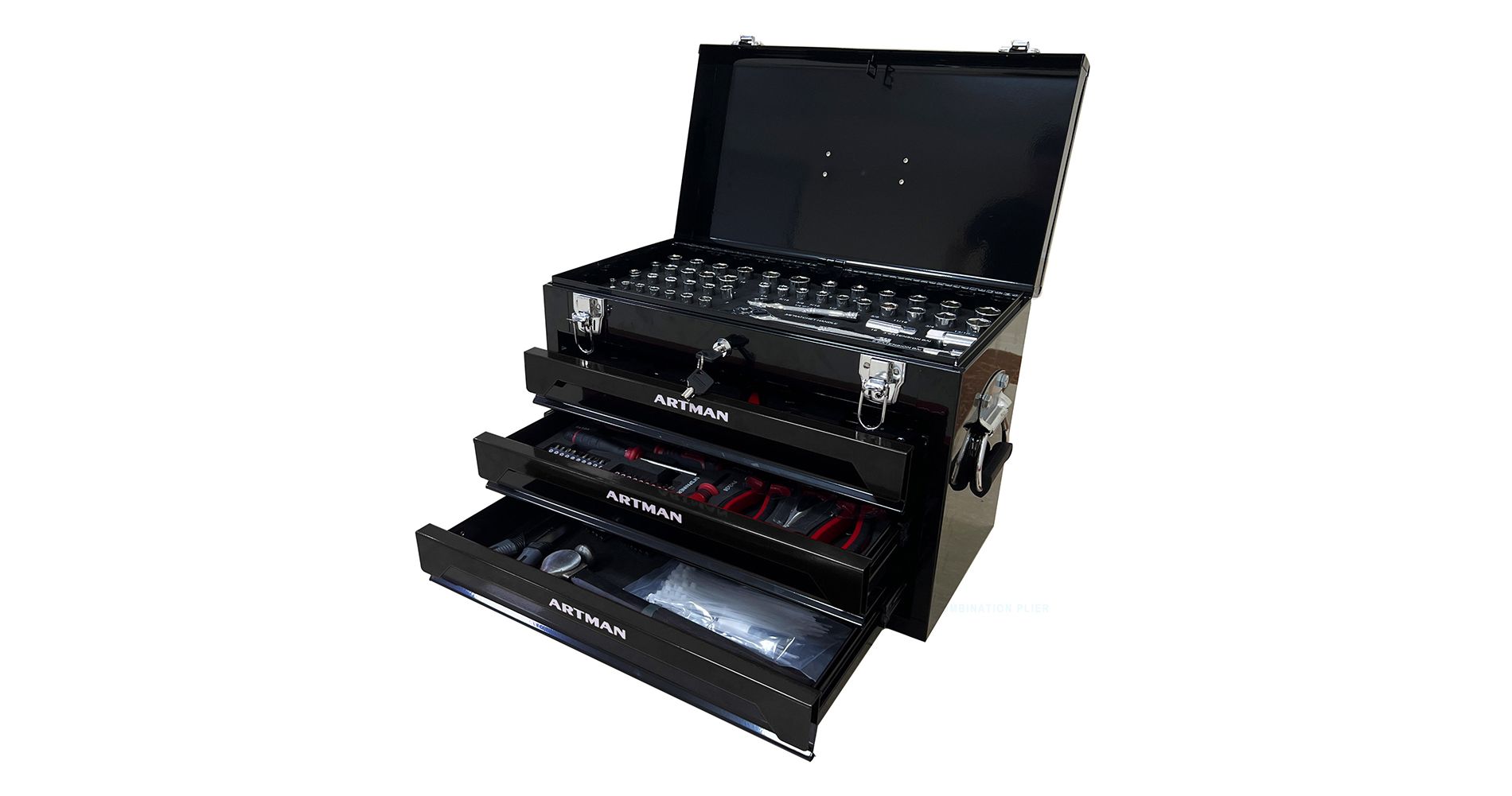 3 Drawers Tool Box With Tool Set,Top Storage, Metal Toolbox Portable Tool Chest Organizer,Lockable With Ball-Bearing Drawer Slides