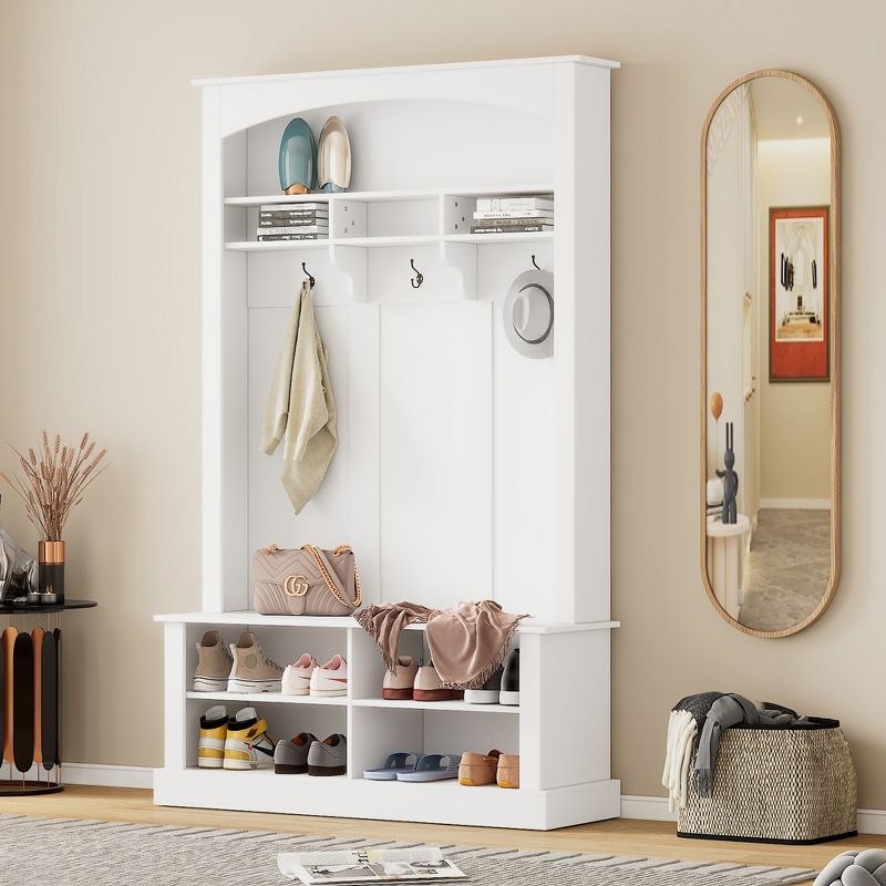 47.2"W 3-in-1 Design Hall Tree with 3 Hooks, Shoe Storage, Coat Hanger and Entryway Storage Bench - ModernLuxe, 1 of 14
