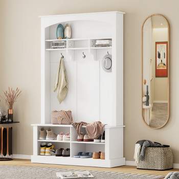 47.2"W 3-in-1 Design Hall Tree with 3 Hooks, Shoe Storage, Coat Hanger and Entryway Storage Bench - ModernLuxe
