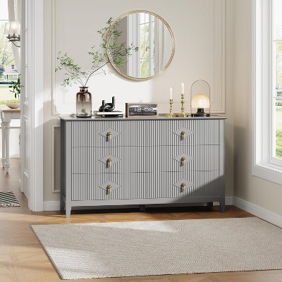 Fluted Dresser 54 Inch Wide, 6-Drawer Wood Dresser for Bedroom, Modern Chest of Drawers, Storage Organizer Cabinet for Living Room, Hallway