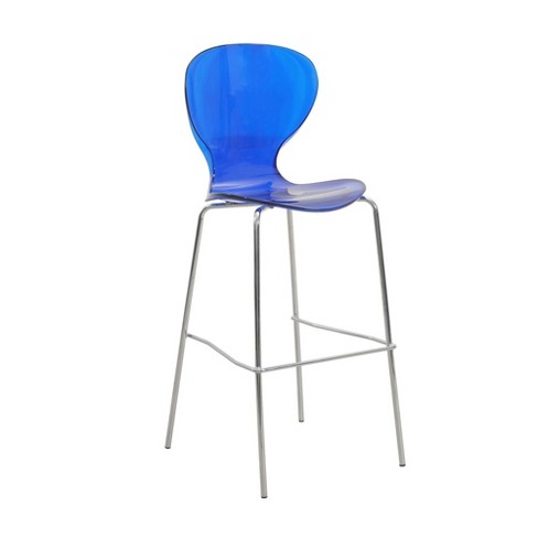 LeisureMod Oyster Acrylic Barstool with Steel Frame in Chrome Finish Transparent Blue