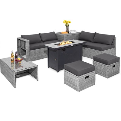 Tangkula 9 PCS Patio Furniture Set with 42" 60,000 BTU Fire Pit Outdoor Space-Saving Sectional Sofa Set with Storage Box Black/Gray/Navy/Red/Turquoise/Off White