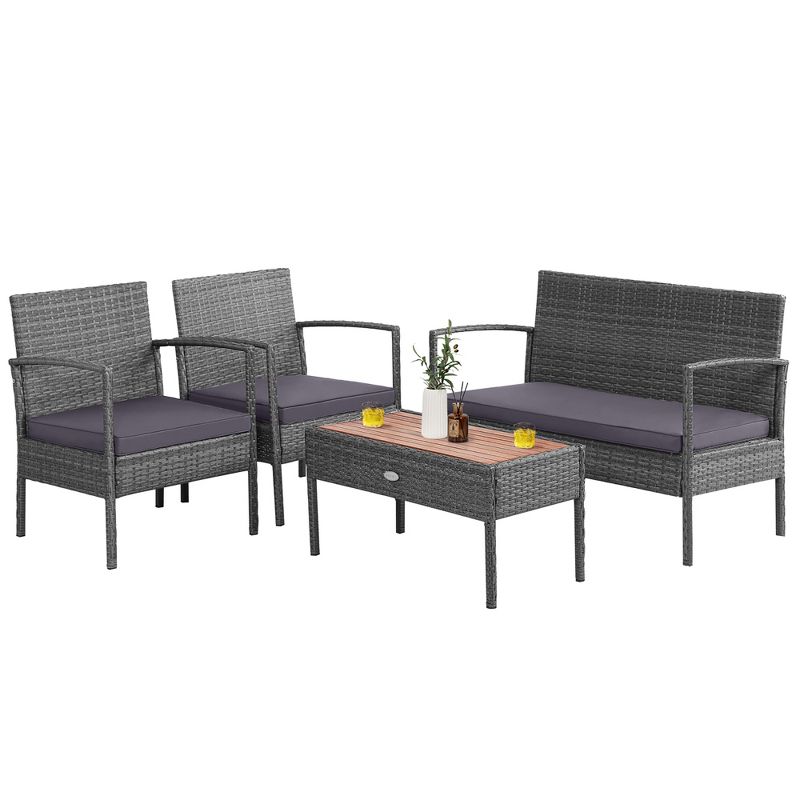 Costway 8PCS Patio Rattan Furniture Set Cushioned Chair Wooden Tabletop Gray, 3 of 11