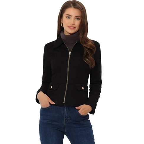 Unique Bargains Women's Short Zip Up Convertible Collar Faux Suede