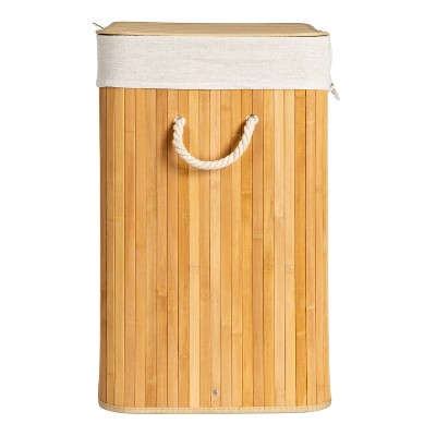 Natural Bamboo Double Laundry Hamper with Rope Handles and Lid