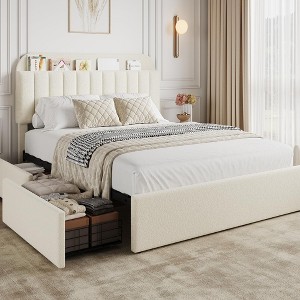 Bed Frame with Storage Headboard, Girls Bed Frame with 2 Drawers, Boucle Upholstered Platform Bed with Bookcase - 1 of 3