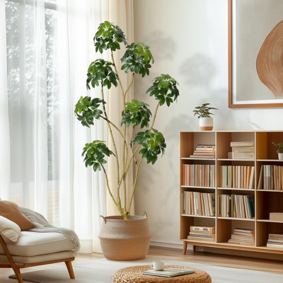 5FT/6FT/7FT Artificial Umbrella Schefflera Tree - Multiple Trunks Design in White Pot - Faux Floor Plant for Home Office or Indoor Decor