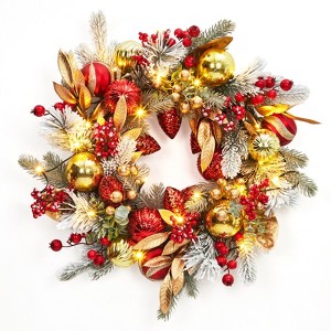 COZONY 24 Inch Christmas Wreath with Lights, Battery Operated Outdoor Wreath with Red Gold Ornaments & Snow Flocked Branch - 1 of 4