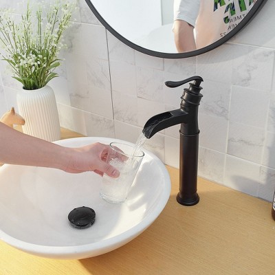 Matte Black Waterfall Single-Handle Vessel Bathroom Faucet with Drain Assembly