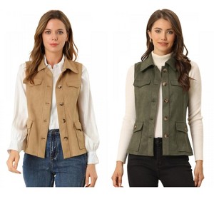 INSPIRE CHIC Women's Buttoned Sleeveless Faux Suede Utility Vest with Cargo Pocket 2 Packs - 1 of 4