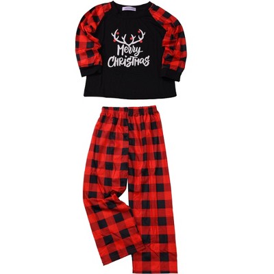 cheibear Kid's Christmas Loungewear Deer Pajama Sets Long Sleeves Tee and Plaid Pants Family Pajamas Sets