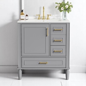 24"/30"/36"/42" Floating Bathroom Vanity Combo with Solid Surface Basin, Natural Oak Storage Cabinet, Modern Design - 1 of 4
