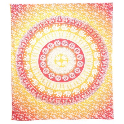 HomeRoots 92" X 84" Mustard Red And White Mandala Cotton Hanging Tapestry