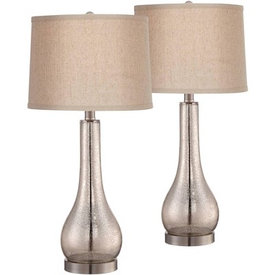 360 Lighting Coastal Table Lamps 24.5" High Set of 2 Mercury Glass Gourd Taupe Drum Shade for Living Room Family Bedroom Bedside Nightstand