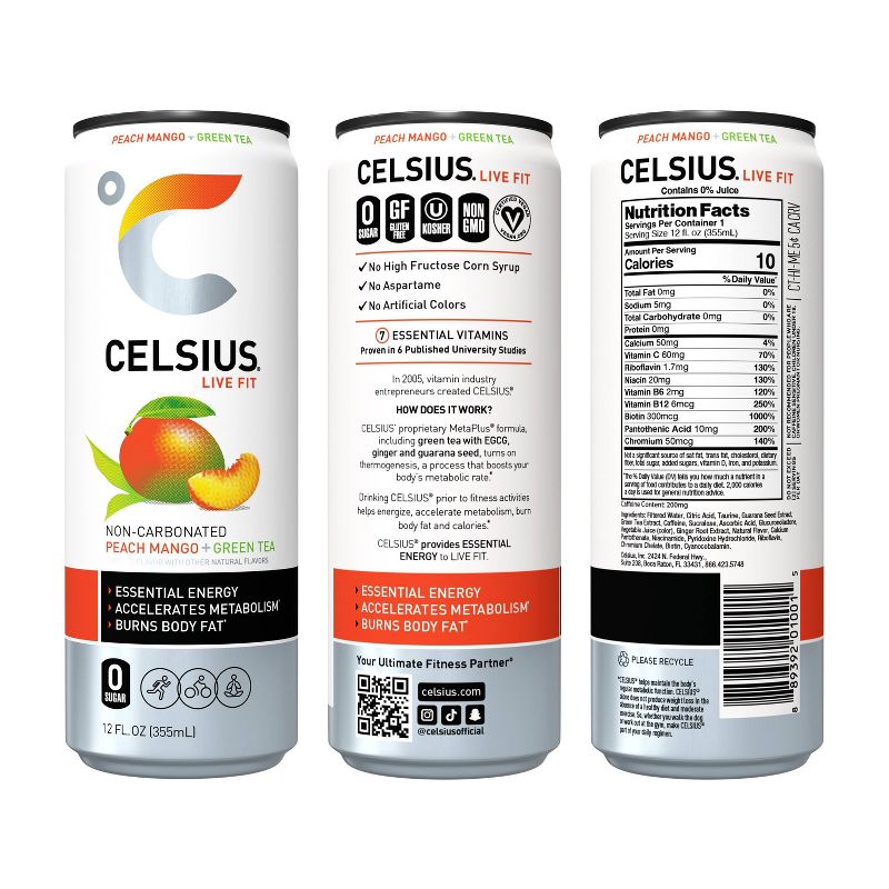 Celsius Green Tea Peach Mango Energy Drink - 12 fl oz Can, 5 of 9