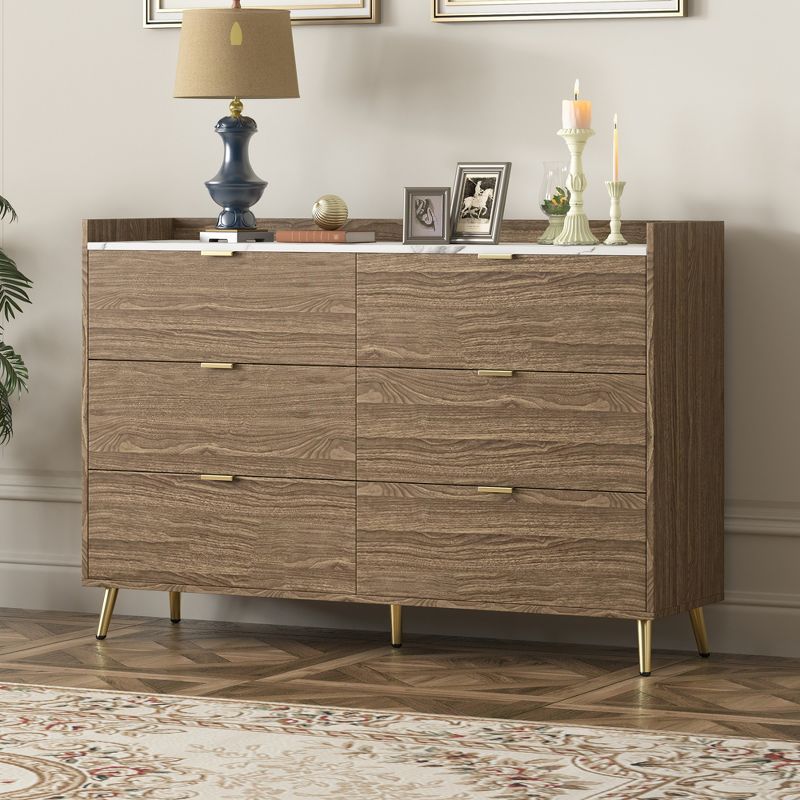 55.1" 6 Drawer Dresser with Marbling Worktop, Mordern Storage Cabinet with Metal Leg and Handle - ModernLuxe, 1 of 9