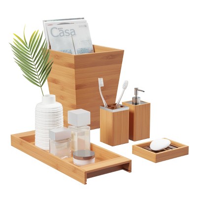 Natural Bamboo and Stainless Steel 5-Piece Bathroom Set