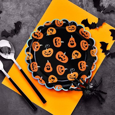 Hachikiko Halloween Disposable Party Plates 50-Count 9-Inch - Jack O' Lantern + Iridescent Silver Foil Scalloped Edge for Autumn Gatherings